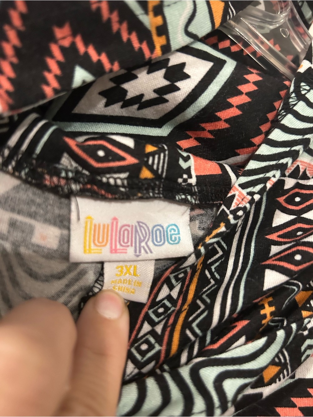 LuLaRoe Black Pullover with Coral, Teal & Mustard Geometric Print - Picture 2 of 2